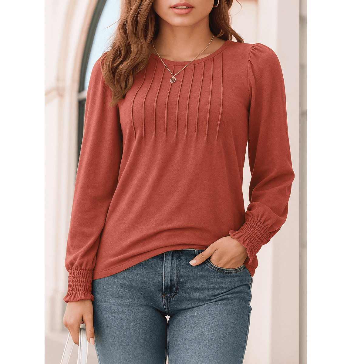 WQD Womens Long Sleeve Shirts Pleated Crewneck Tops Business Casual Blouses Fashion Dressy Smocked Cuffs Pullover Fall Spring Winter