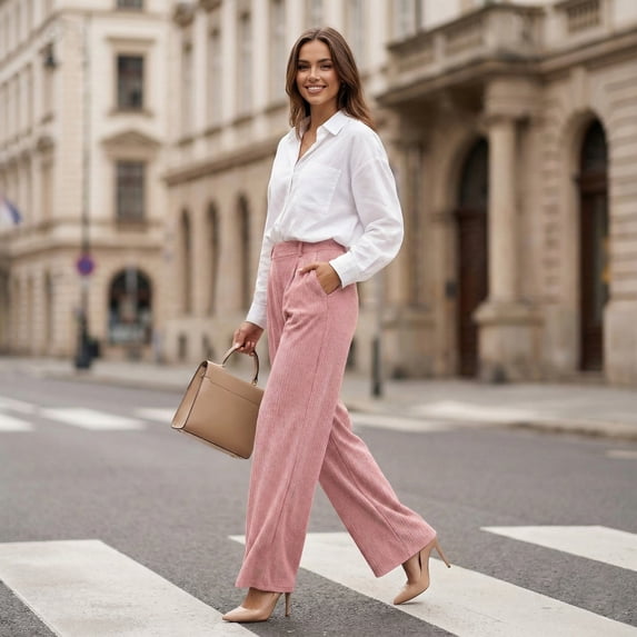 Women’s High Waisted Wide Leg Pants Casual Straight Leg Trousers with Front Pleats Elastic Back Waist Lounge Work Pants
