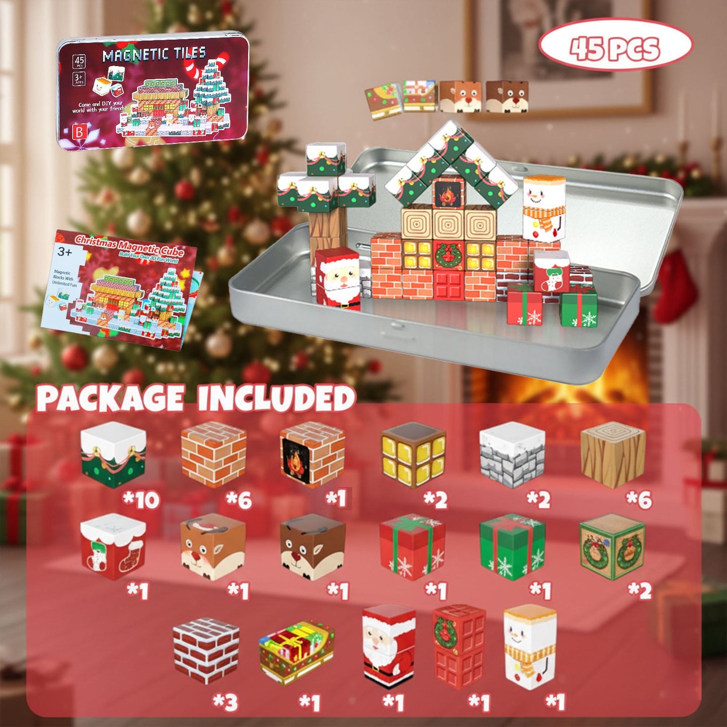 Flynow Magnetic Blocks Set, 45PCS Educational STEM Christmas Travel Building Toys for Kids 3+, Portable Magnetic Block with Metal Storage Box, Toddler Learning Toys for Boys Girls 4-8 Birthday Gift