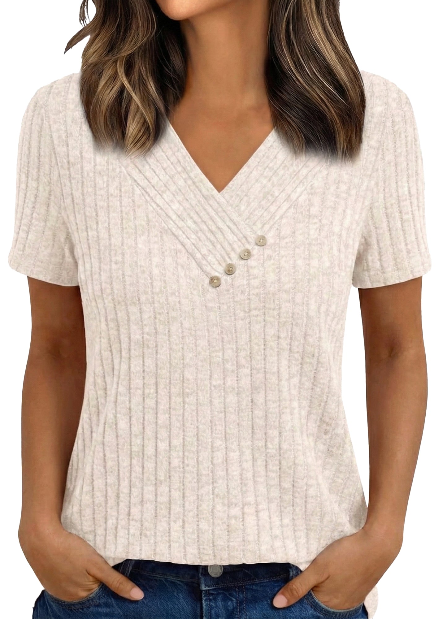 WQD Womens Summer Short Sleeve V Neck Tops Casual Tunic Shirts Button Detail Loose Fit T Shirts for Work Daily Wear Vacation
