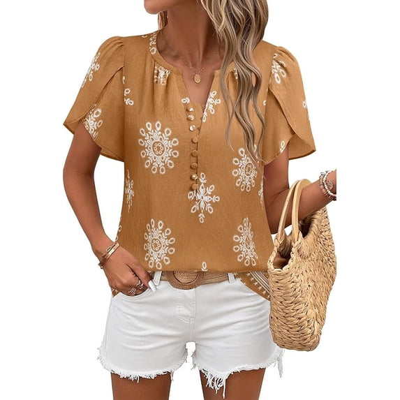 Womens Summer Boho Blouse Short Sleeve Button Down Floral Top Casual Business Work Shirt Fashion Beach Vacation Tops
