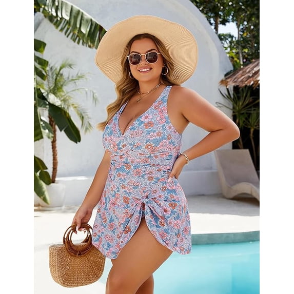 Women Plus Size Swimsuit One Piece Swim Dress Tummy Control Bathing Suits Criss Cross Modest Swimwear
