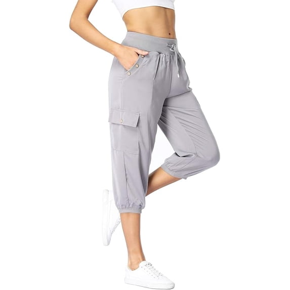 Womens Cargo Capris Travel High Waist Drawstring Workout Pants Button Decor Summer Loose Harem Sweatpants Stylish Soft Casual Work Pants with Pockets
