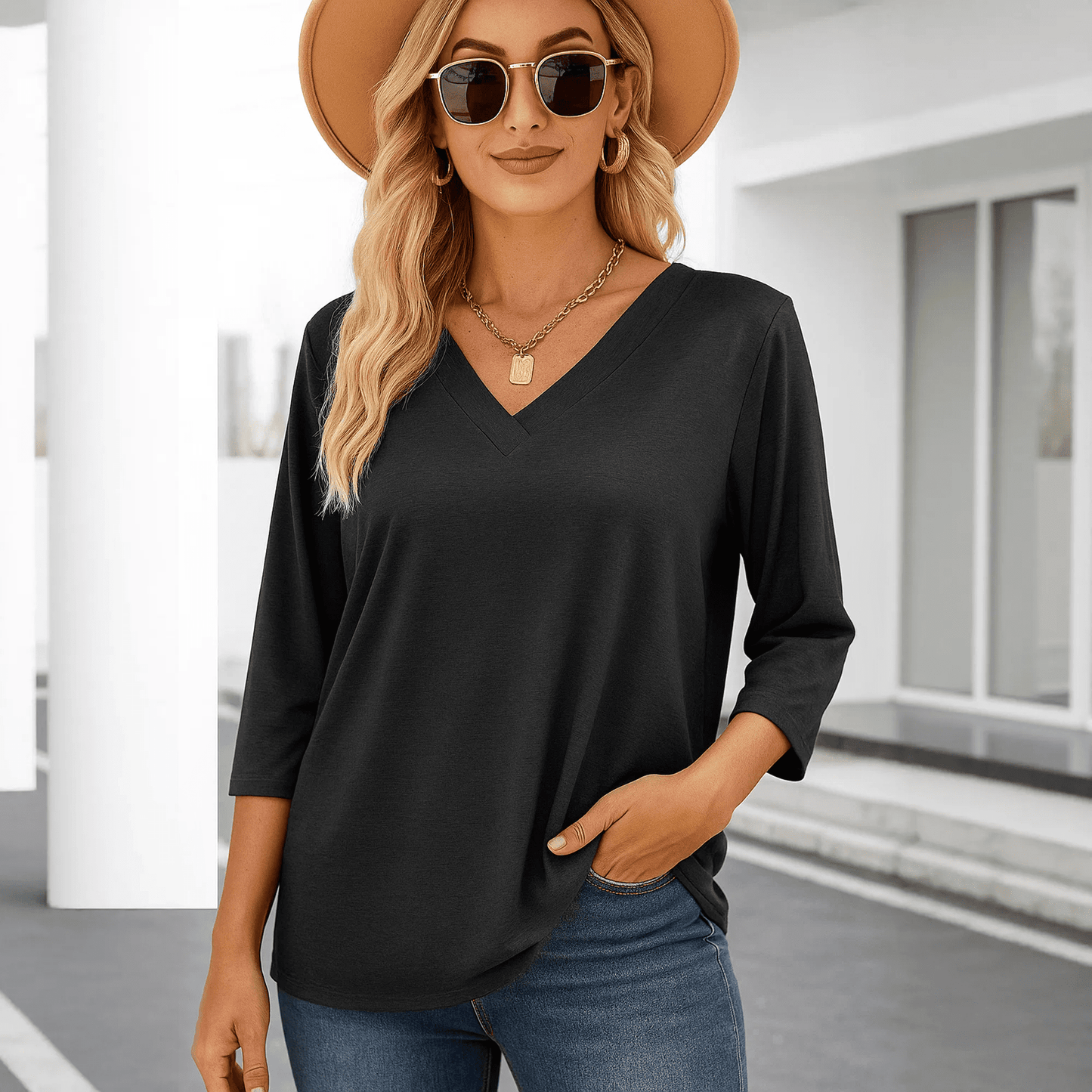WQD 3/4 Length Sleeve Womens Tops V Neck Casual Tunic Shirts Basic T shirt Loose Fit Blouse Fashion Clothes Trendy Outfits for Fall Winter Spring