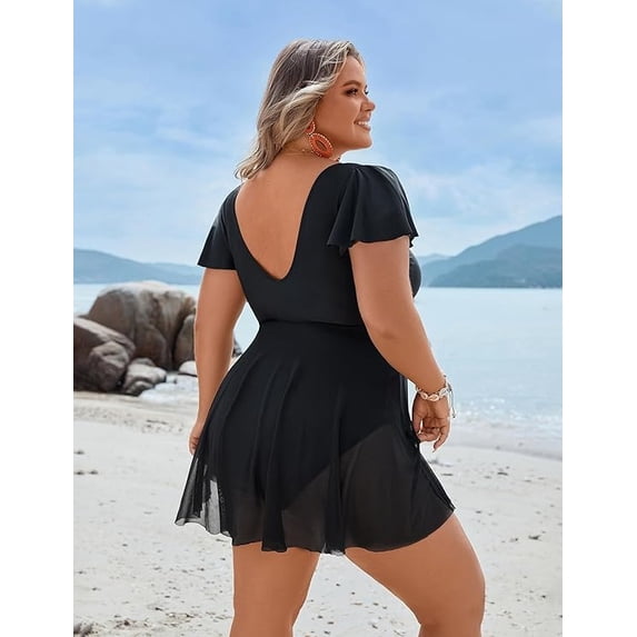 WQD Women's Plus Size Bathing Suit One Piece Swim Dress Tummy Control Swimsuits Ruffle V Neck Swimwear