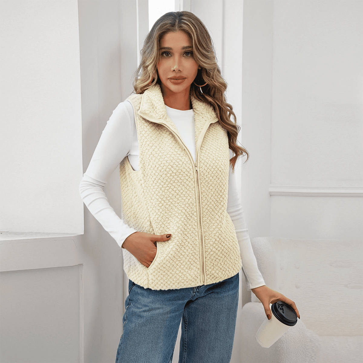 WQD Womens Sherpa Fleece Vest Lightweight Sleeveless Zip Up Jacket with Pockets Cozy Fuzzy Outerwear for Fall Winter Layering