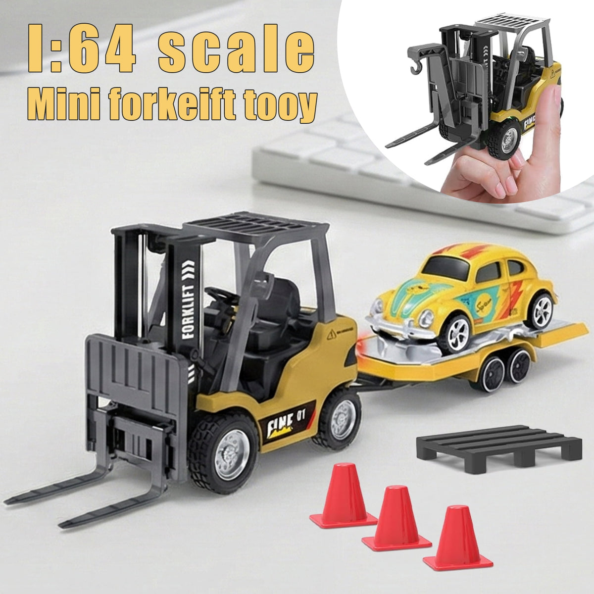 Flynow Mini RC Car Truck Forklift Toy for Kid 3+ Years Old, 1/64 Rechargeable Remote Control Trailer, Electric Vehicle with Lift Fork Hook Light Sound, Birthday Gift for Boy Age 4 5 6 7 8 9