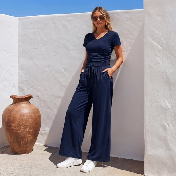 WQD Womens 2 Piece Set Outfits Lounge Sets Ruched Short Sleeve Tops High Waisted Wide Leg Pants Tracksuit Sets