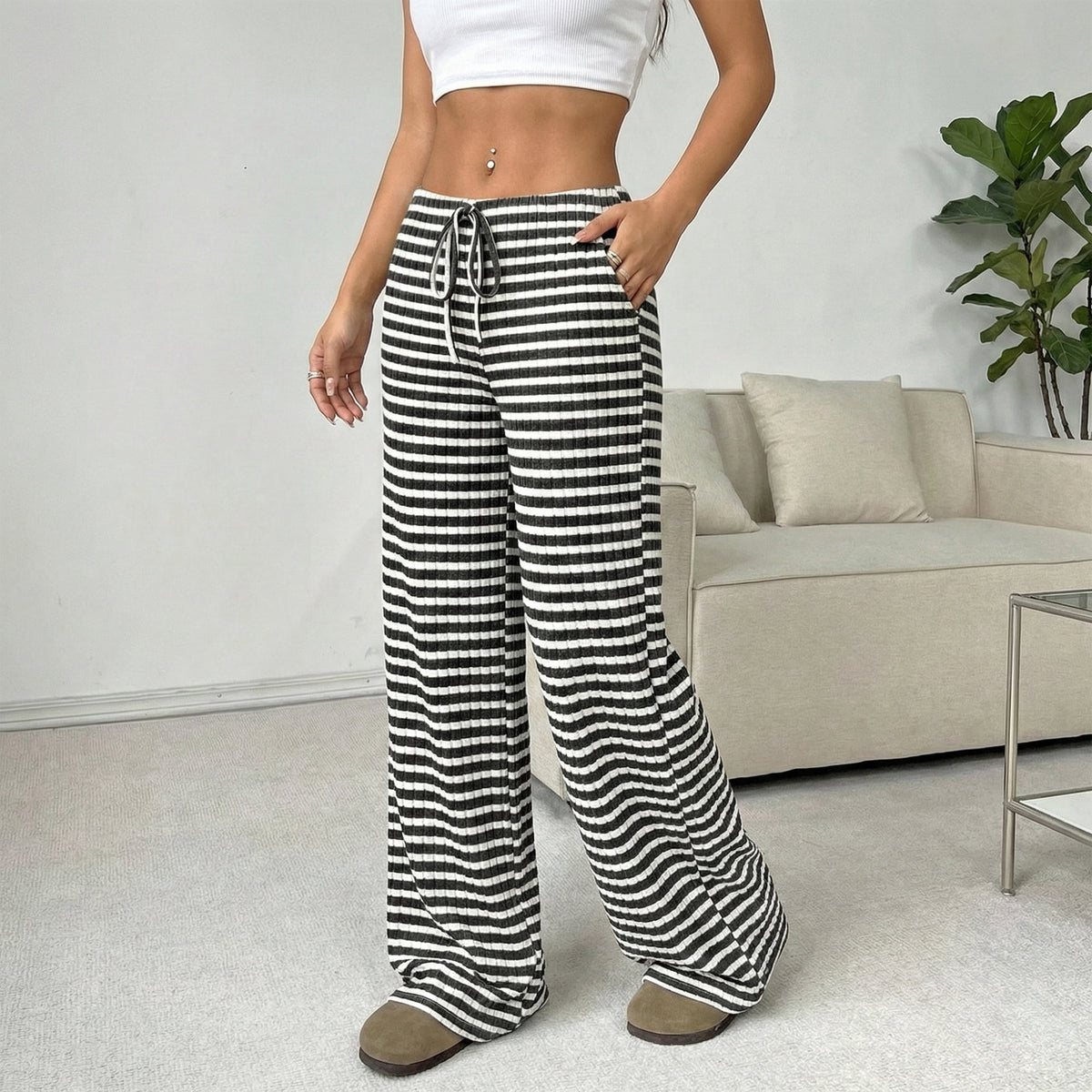 Women’s Wide Leg Palazzo Pants High Waisted Striped Knit Lounge Pants Elastic Waist Drawstring Casual Pajama Trousers