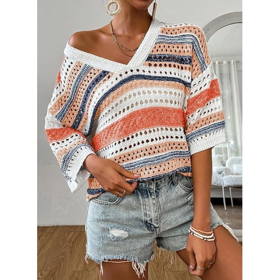 Women’s Crochet Sweater Top V Neck Cap Short Sleeve Spring Summer Knit Shirt Loose Hollow Out Striped Pullover Beach Vacation Cruise Casual Fashion Clothes