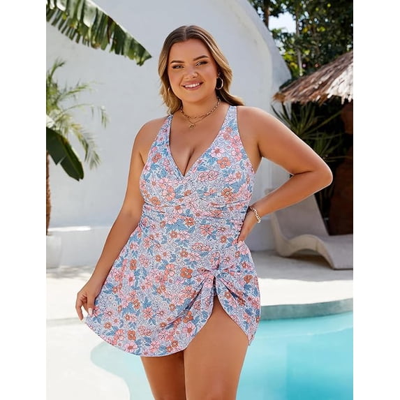 Women Plus Size Swimsuit One Piece Swim Dress Tummy Control Bathing Suits Criss Cross Modest Swimwear
