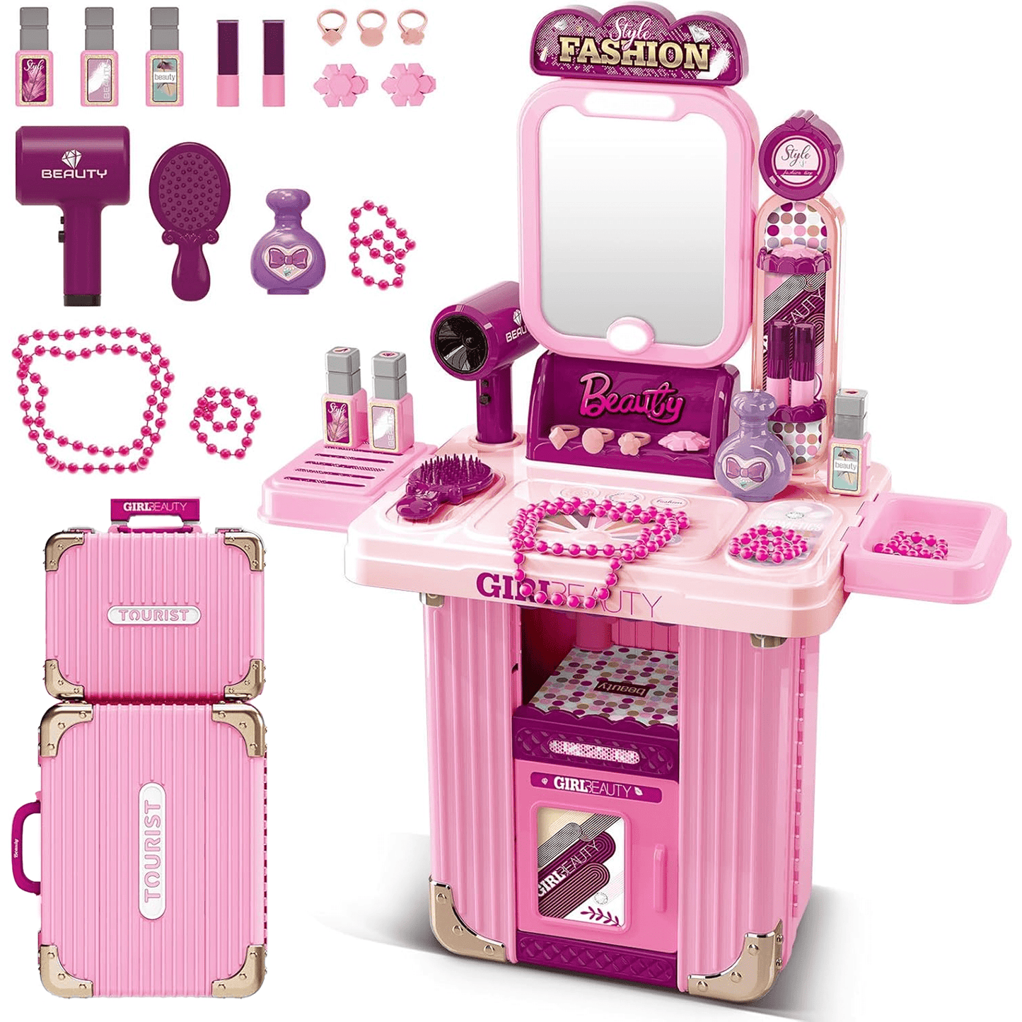 Flynow Toys Makeup Table Playset, Girls Dressup Pretend Play Princess for Toddler 1-3 Years Old, Kids Vanity Accessories 31pcs Set with Music Light, Christmas Birthday Gift for Age 2 4 5 6 7 8 9 10