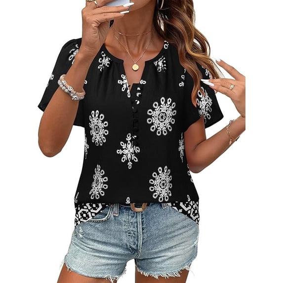 Womens Summer Boho Blouse Short Sleeve Button Down Floral Top Casual Business Work Shirt Fashion Beach Vacation Tops