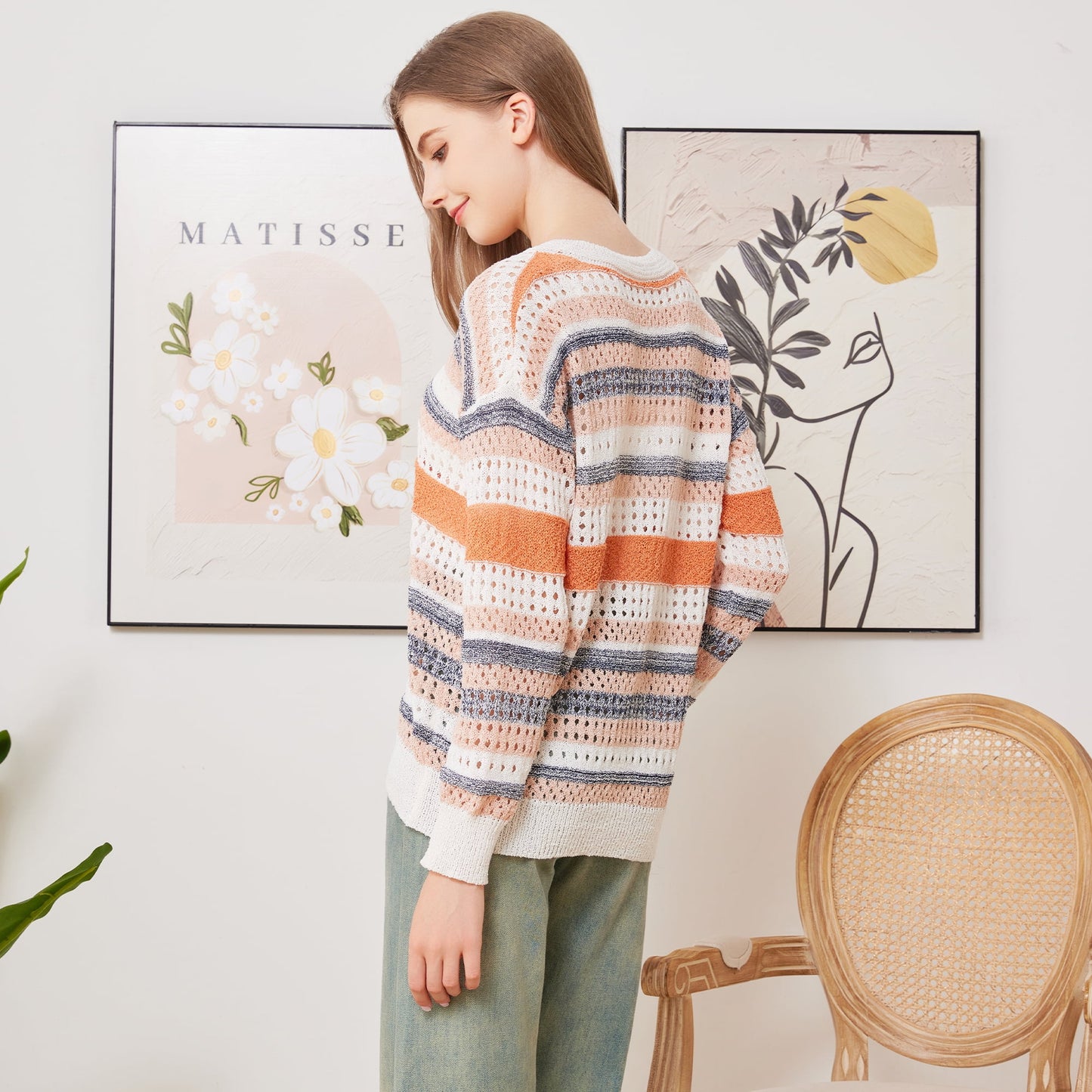 WQD Womens Long Sleeve Shirts Crochet Knit Sweater Hollow Out Striped Tops Casual Trendy Outfits for Fall Winter Spring