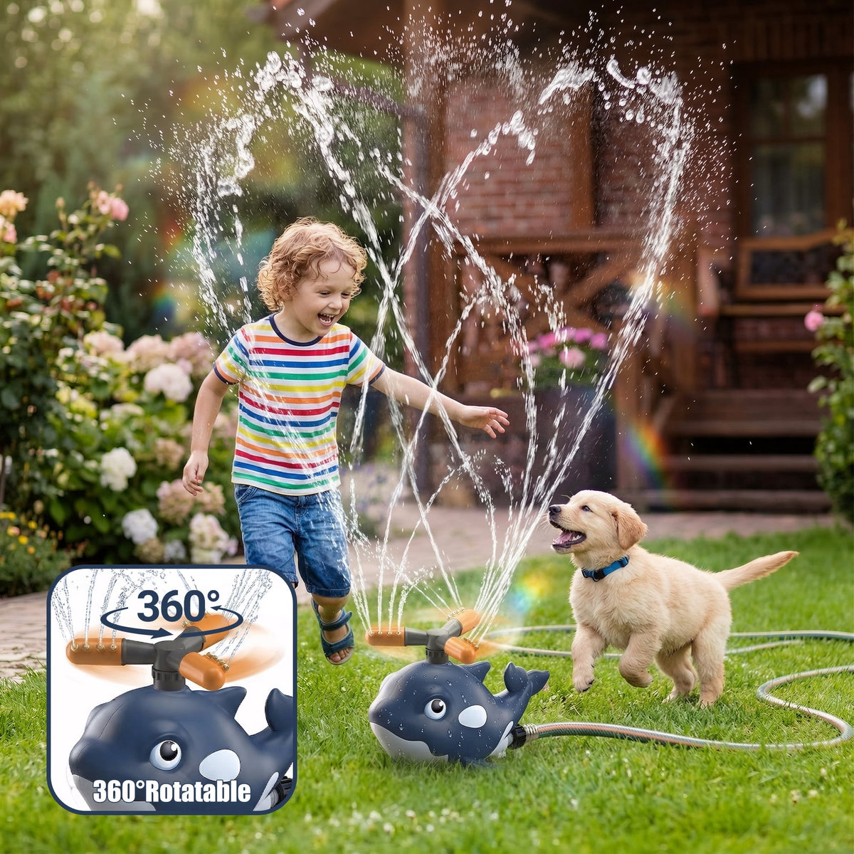 Flynow Whale 2 in 1 Water Sprinkler Toy Rocket Launcher Set - Outdoor Summer Water Spray Sprinkler for Backyard Lawn Garden Kids Ages 3-12