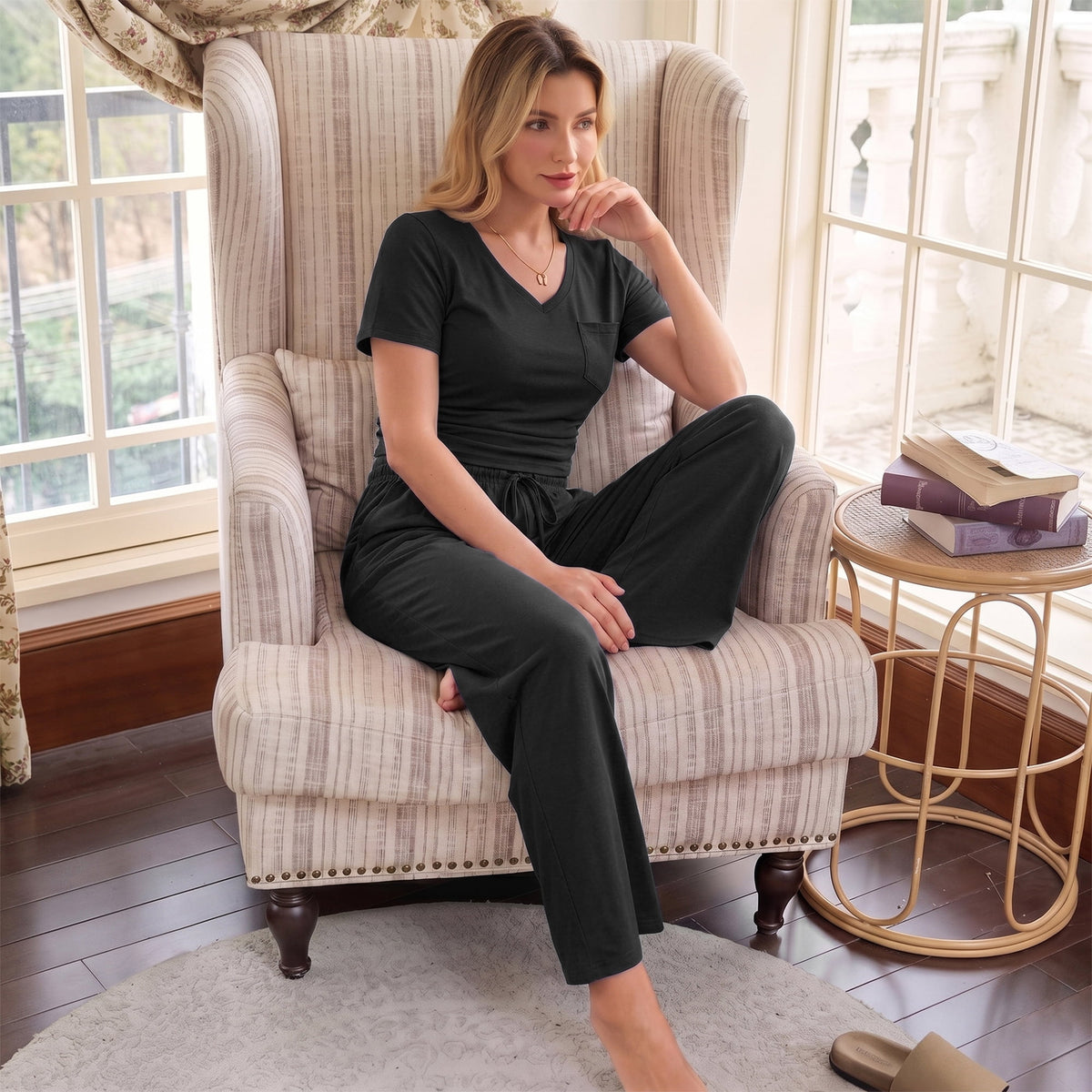 WQD Womens 2 Piece Set Outfits Lounge Sets Ruched Short Sleeve Tops High Waisted Wide Leg Pants Tracksuit Sets