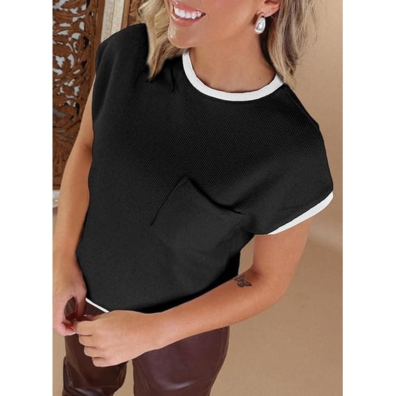 WQD Women’s Short Sleeve Crewneck T Shirt Color Block Ribbed Knit Top Casual Summer Blouse with Pocket