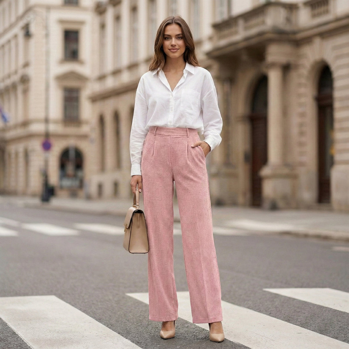 Women’s High Waisted Wide Leg Pants Casual Straight Leg Trousers with Front Pleats Elastic Back Waist Lounge Work Pants