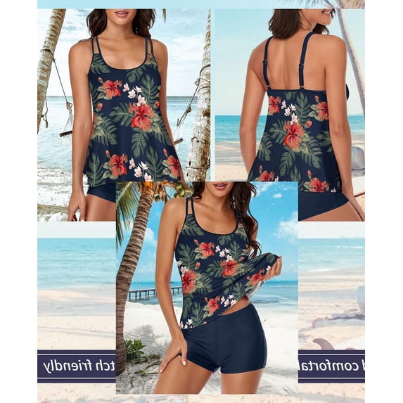 Women Two Piece Tankini Swimsuit Tummy Control Long Torso Top and High Waisted Boyshorts Bathing Suits