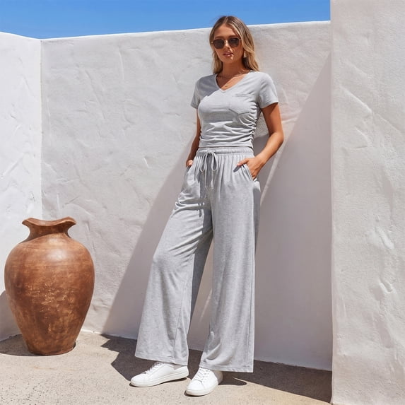 WQD Womens 2 Piece Set Outfits Lounge Sets Ruched Short Sleeve Tops High Waisted Wide Leg Pants Tracksuit Sets