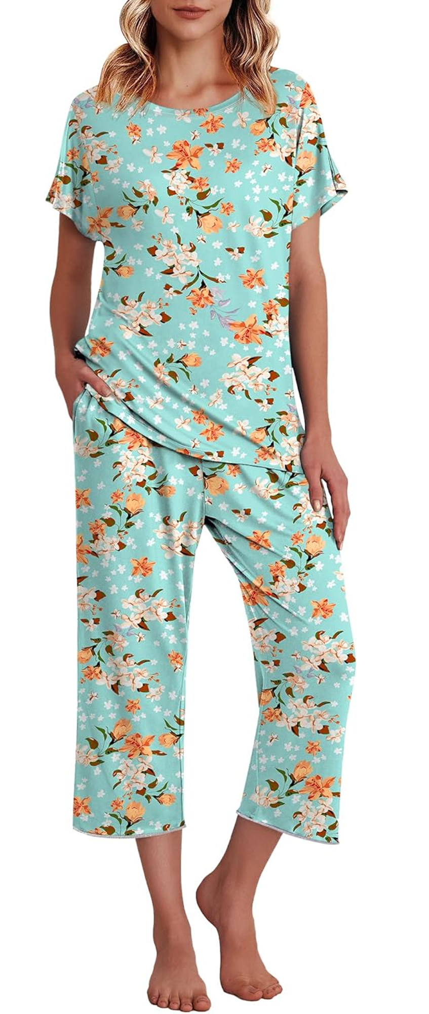 WQD Womens Pajama Sets Pj Set Floral Print Short Short Sleeve Top With Capri Pants Sleepwear 2 Piece Loungewear with Pockets