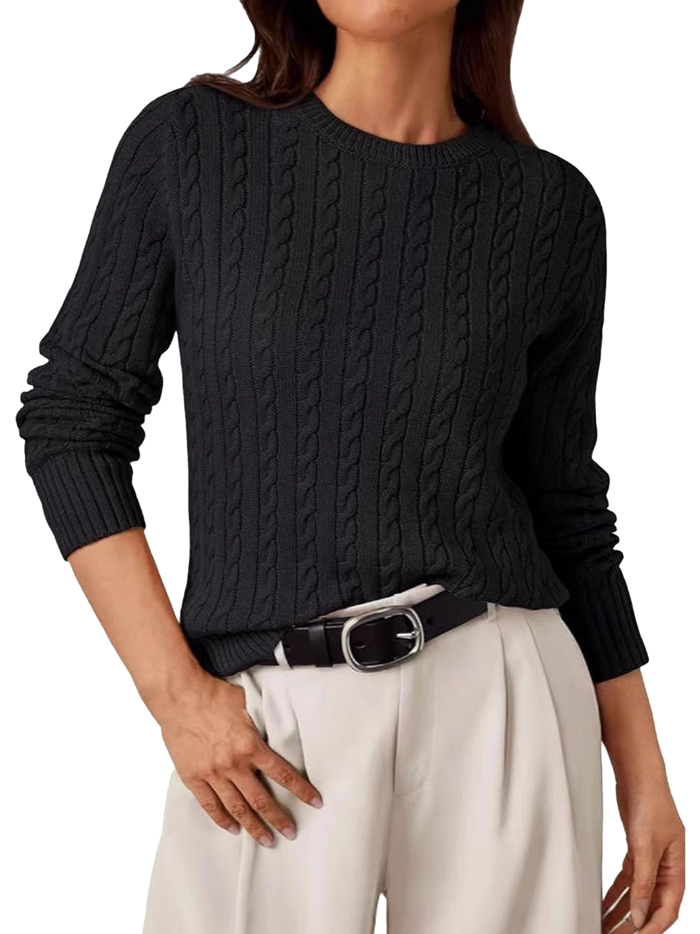 WQD Womens Sweaters Crew Neck Pullover Long Sleeve Cable Knitted Cozy Dressy Casual Ladies Fashion Tops Soft Business Trendy Classic Outfits for Spring Fall Winter