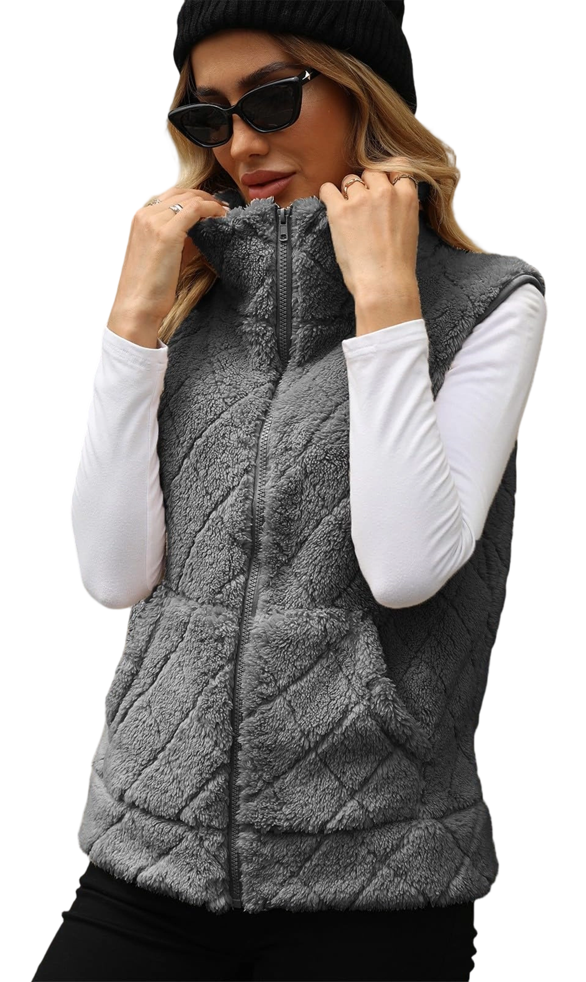 WQD Womens Fuzzy Fleece Vest Casual Sleeveless Zip Up Warm Sherpa Vest Jacket Cozy Waistcoat Outerwear with Pockets for Fall Winter Spring