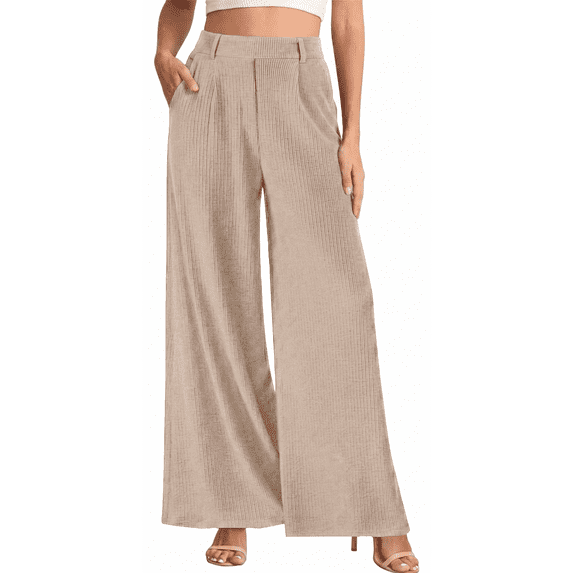 Women’s High Waisted Wide Leg Pants Casual Straight Leg Trousers with Front Pleats Elastic Back Waist Lounge Work Pants