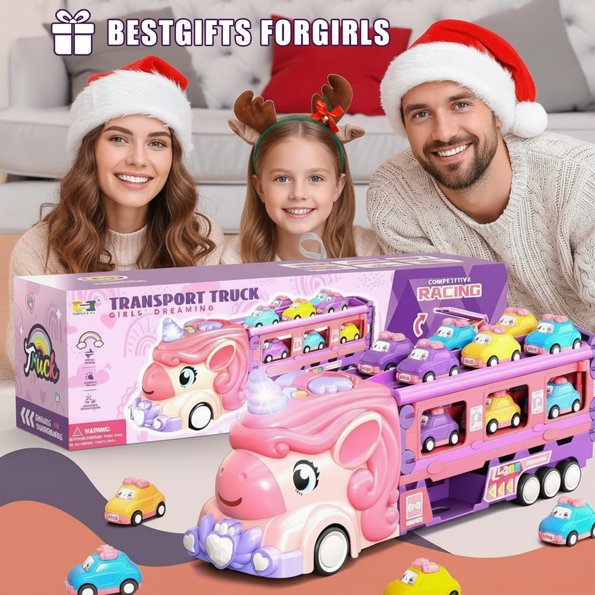Flynow Car Toys for Boy Girl Kids Age 3-8, Light Sound and Mini 6 Cars, Foldable 2-Player Race Track, Christmas Birthday Gift for Toddler 3 Year Old
