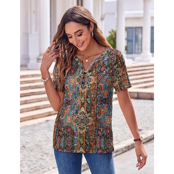 WQD Women’s Summer V Neck Blouse Short Sleeve Floral Print Top Casual Loose Fit Business Dressy Work Shirt