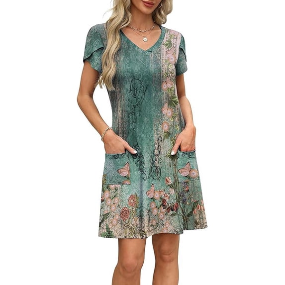 Women’s Summer Sundress with Pockets Short Sleeve V Neck Swing Midi Dress Casual Loose Fit Vacation Beach Dress