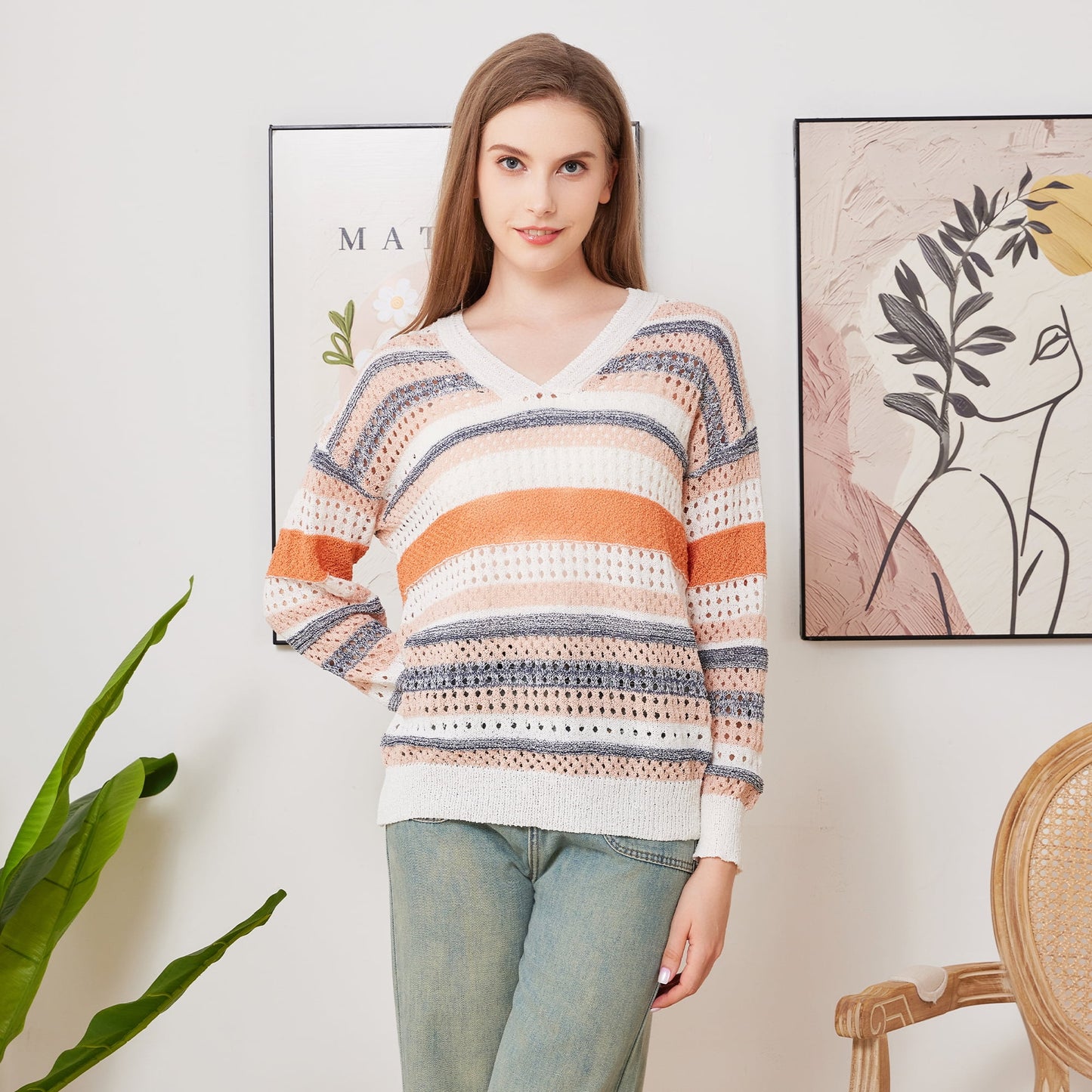 WQD Womens Long Sleeve Shirts Crochet Knit Sweater Hollow Out Striped Tops Casual Trendy Outfits for Fall Winter Spring