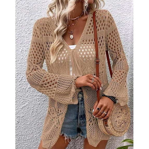 WQD Women Crochet Cardigan for Summer Spring Fall, Lightweight Oversized Tie Front Hollow Out Long Sleeves Kimono Boho Knit Beach Cover Up with Swimsuit, Bikini, Bathing Suit