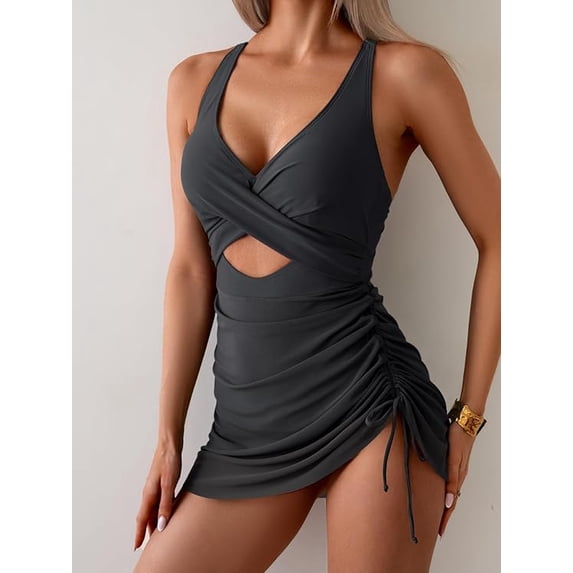 Women’s One Piece Swimdress Swimsuit Mesh Sarong Wrap Skirt Tummy Control V Neck Cutout Bathing Suit Drawstring Swimwear