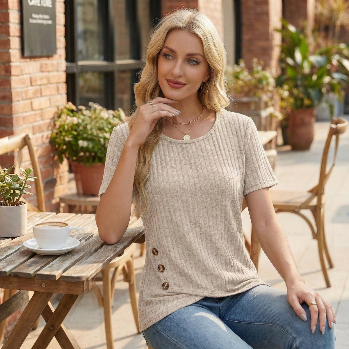 Womens Summer Tunic Tops Short Sleeve Crew Neck Casual Shirts Button Detail Loose Fit T Shirts for Daily Wear Vacation