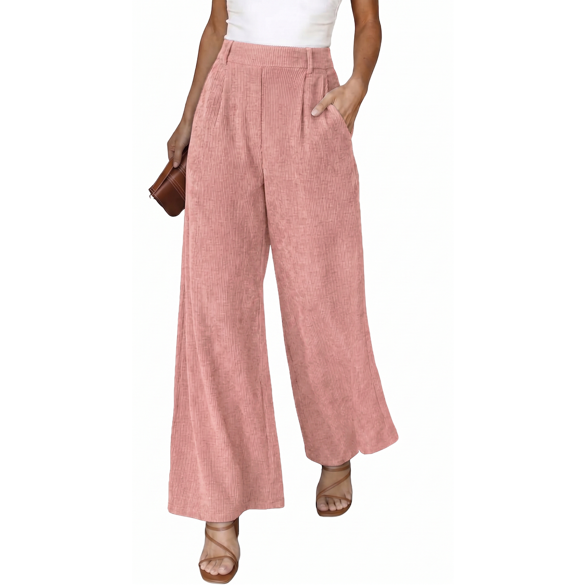 Women’s High Waisted Wide Leg Pants Casual Straight Leg Trousers with Front Pleats Elastic Back Waist Lounge Work Pants