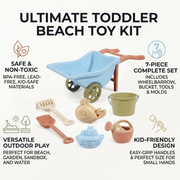 Flynow 7 PCS Beach Toy Set for Kids 3+ Years Old, Friendly Travel Play Sand Construction Set, Sand Castle Building Kit, Outdoor Toy Set, Birthday Gift for Girl Boy Age 3 4 5 6 7 8