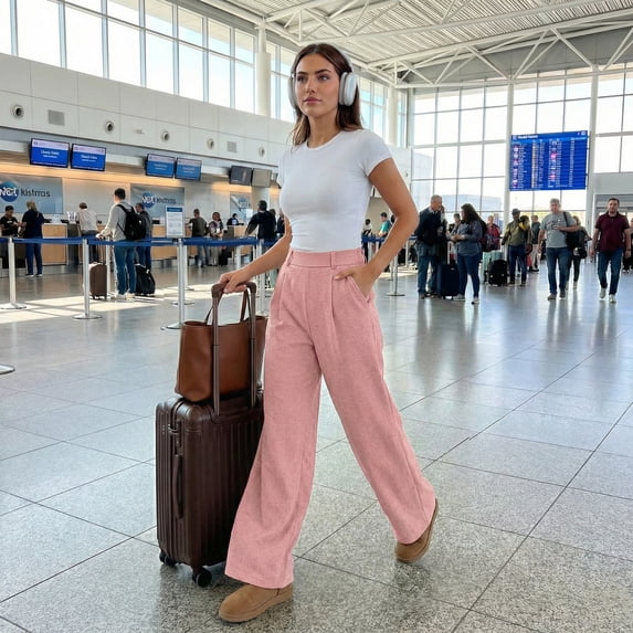 Women’s High Waisted Wide Leg Pants Casual Straight Leg Trousers with Front Pleats Elastic Back Waist Lounge Work Pants