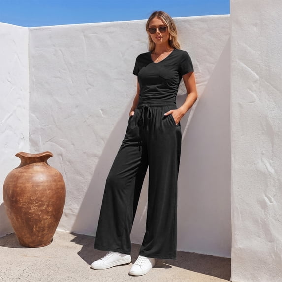 WQD Womens 2 Piece Set Outfits Lounge Sets Ruched Short Sleeve Tops High Waisted Wide Leg Pants Tracksuit Sets