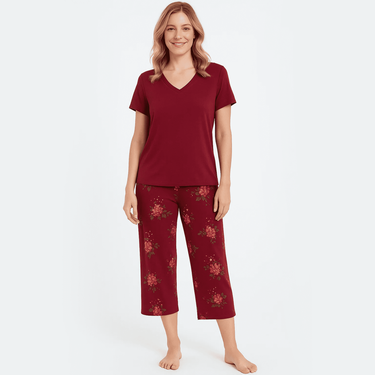 WQD Womens Pajama Sets 2 Piece Lounge Sets Soft Loungewear Comfy Pj Sets V Neck Short Sleeve Top and Capri Pants Loose Sleepwear with Pockets