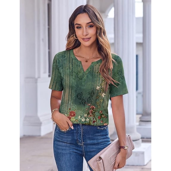 WQD Women’s Summer V Neck Blouse Short Sleeve Floral Print Top Casual Loose Fit Business Dressy Work Shirt