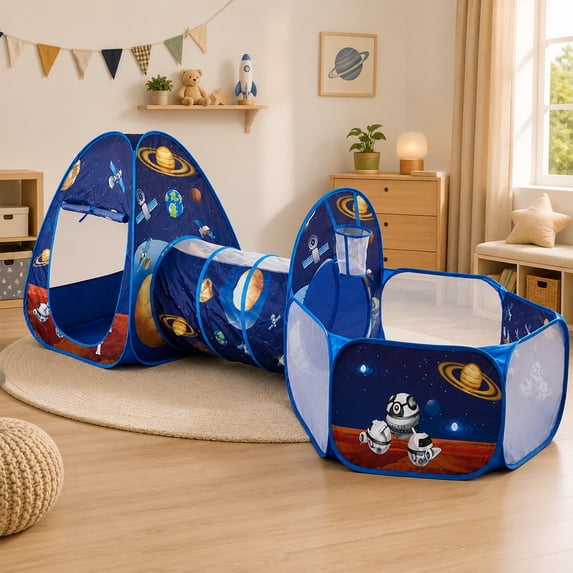 Flynow Rocket Ship Play Tent House Pop up toys for 0-1-2-3-4-5-6 Age boys Gift Play Tent Kids Indoor Outdoor Spaceship Playhouse Tent Set Basketball Hoop Indoor