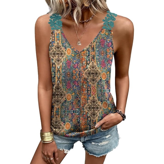 WQD Tank Tops for Women Spring Fashion Sleeveless V Neck Lace Tops Flower Flowy Summer Outfits Beach Vacation Clothes