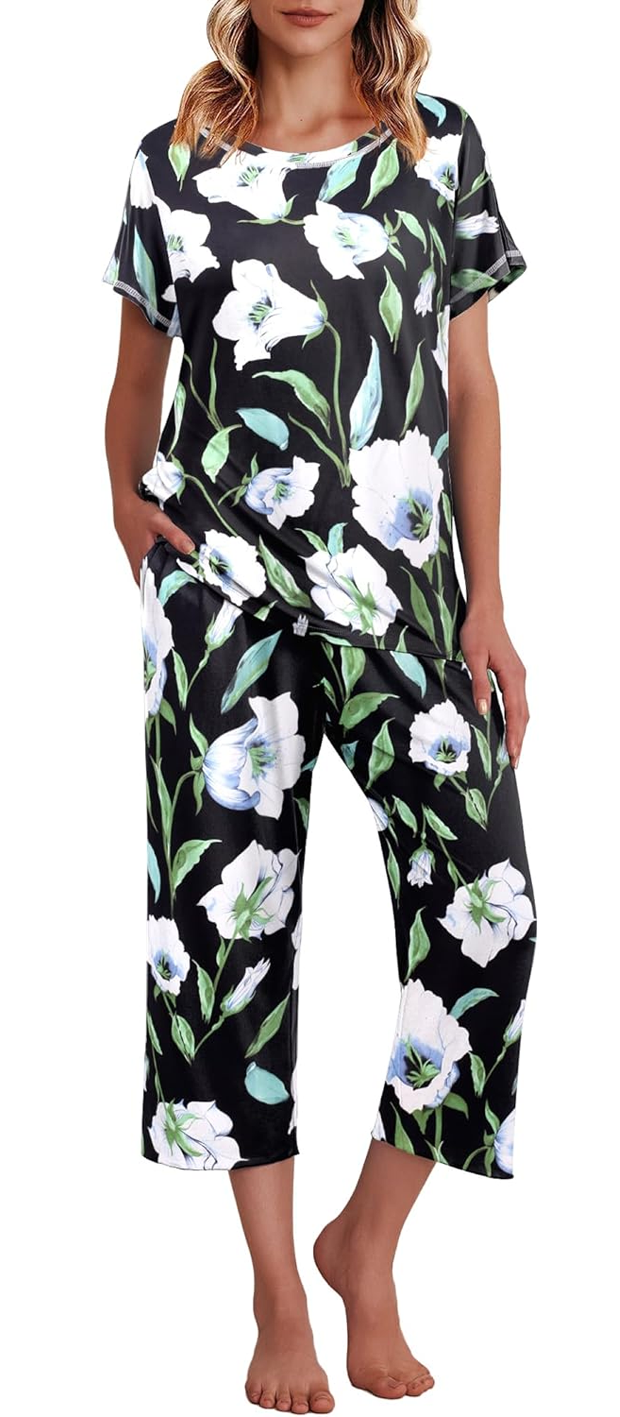 WQD Womens Pajama Sets Pj Set Floral Print Short Short Sleeve Top With Capri Pants Sleepwear 2 Piece Loungewear with Pockets