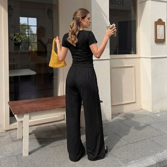 WQD Womens 2 Piece Set Outfits Lounge Sets Ruched Short Sleeve Tops High Waisted Wide Leg Pants Tracksuit Sets