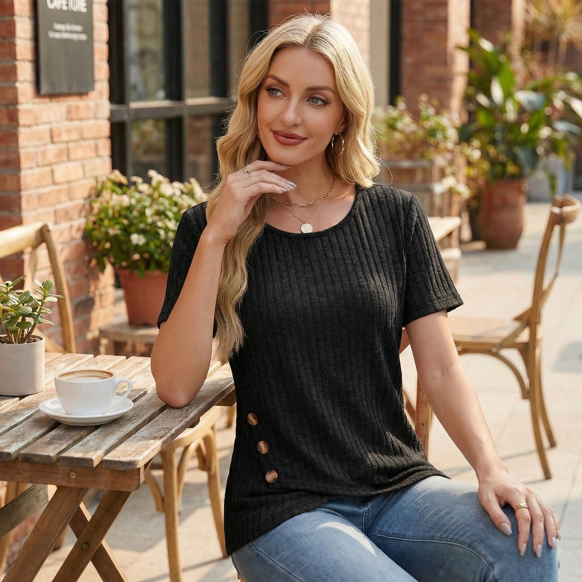 Womens Summer Tunic Tops Short Sleeve Crew Neck Casual Shirts Button Detail Loose Fit T Shirts for Daily Wear Vacation