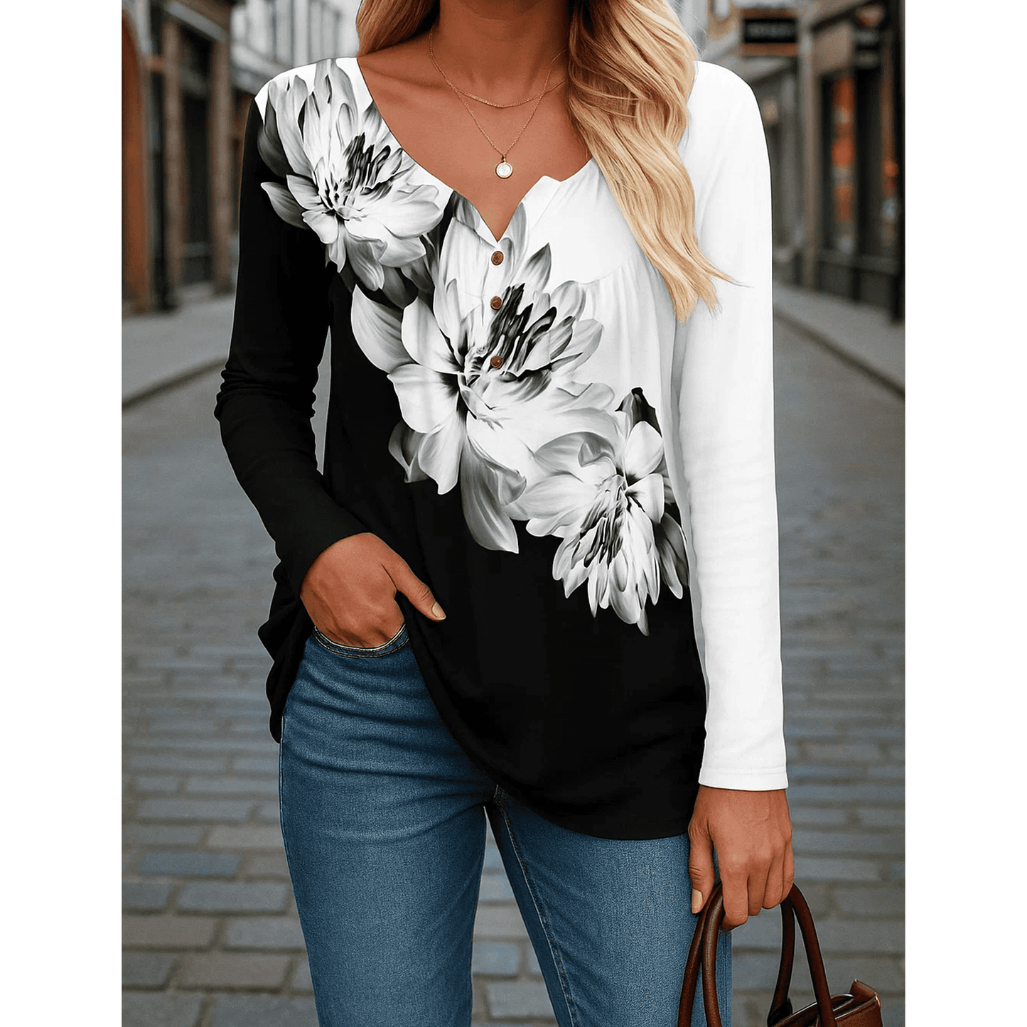 WQD Womens Long Sleeve Shirts Dressy Casual Floral Blouses Loose Tunic Tops for Fall Winter Spring (Available in Plus Size)