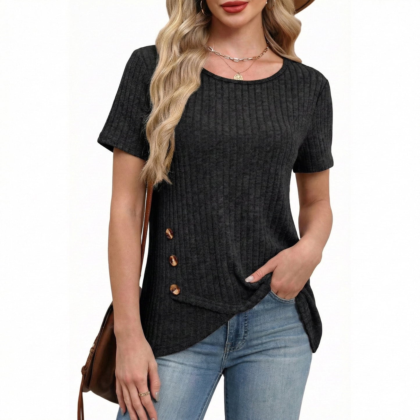 Womens Summer Tunic Tops Short Sleeve Crew Neck Casual Shirts Button Detail Loose Fit T Shirts for Daily Wear Vacation
