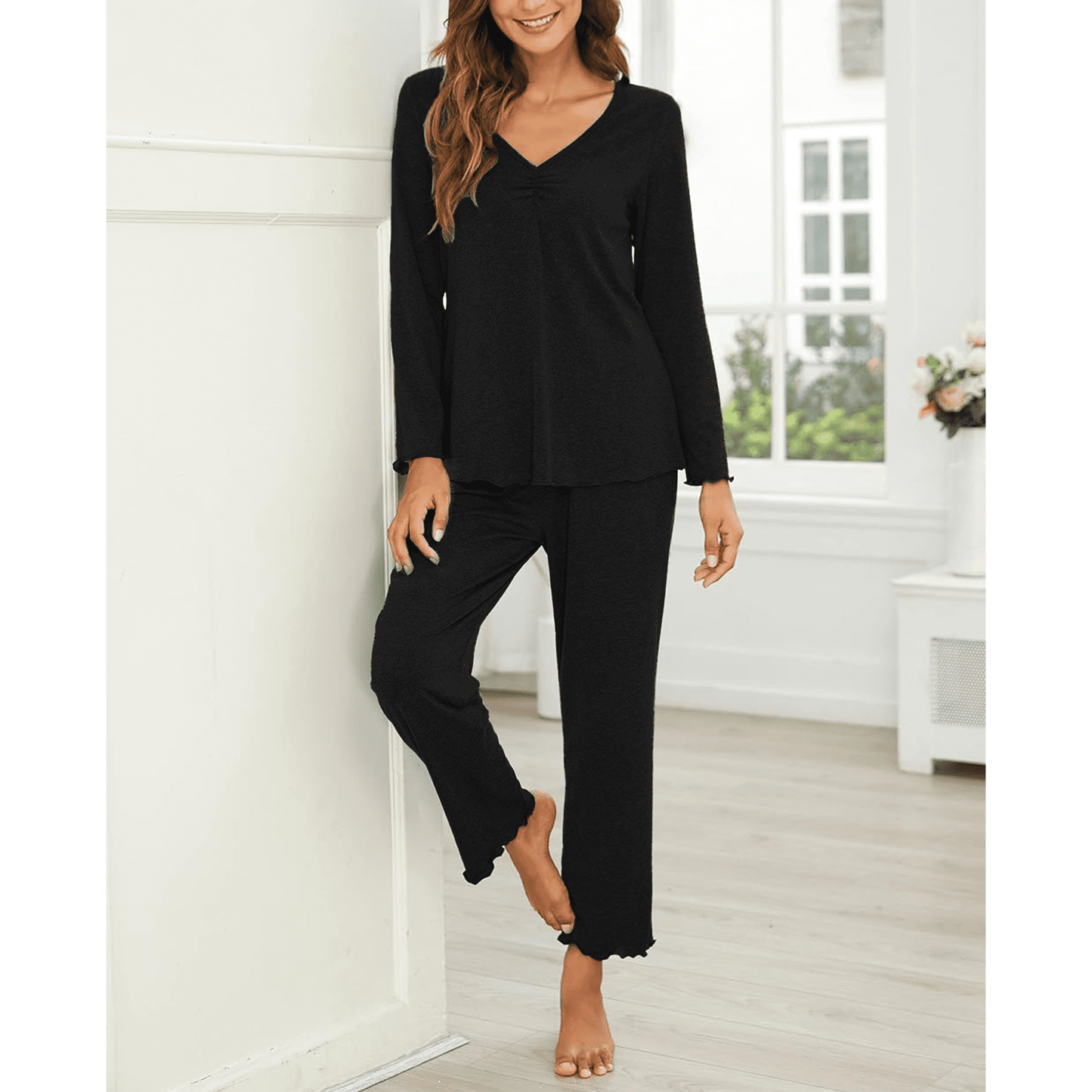 WQD Womens Pajama Sets 2 Piece Lounge Sets V Neck Long Sleeve Loungewear Comfy Pj Sets Top and Pants Soft Loose Sleepwear for Fall Winter Spring