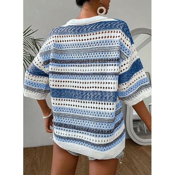 Women’s Crochet Sweater Top V Neck Cap Short Sleeve Spring Summer Knit Shirt Loose Hollow Out Striped Pullover Beach Vacation Cruise Casual Fashion Clothes